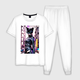 Мужская пижама хлопок с принтом Cool black cat   neural network   fashionista , 100% хлопок | брюки и футболка прямого кроя, без карманов, на брюках мягкая резинка на поясе и по низу штанин
 | Тематика изображения на принте: 