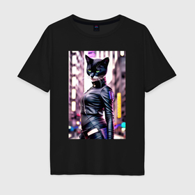 Мужская футболка хлопок Oversize с принтом Cool black cat   neural network   fashionista в Новосибирске, 100% хлопок | свободный крой, круглый ворот, “спинка” длиннее передней части | 