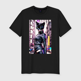 Мужская футболка хлопок Slim с принтом Cool black cat   neural network   fashionista , 92% хлопок, 8% лайкра | приталенный силуэт, круглый вырез ворота, длина до линии бедра, короткий рукав | Тематика изображения на принте: 