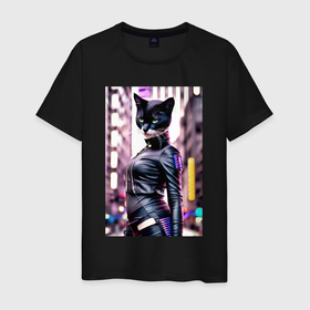 Мужская футболка хлопок с принтом Cool black cat   neural network   fashionista в Белгороде, 100% хлопок | прямой крой, круглый вырез горловины, длина до линии бедер, слегка спущенное плечо. | 