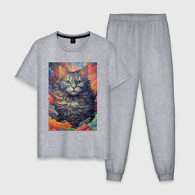 Мужская пижама хлопок с принтом Fantasy  cat в Кировске, 100% хлопок | брюки и футболка прямого кроя, без карманов, на брюках мягкая резинка на поясе и по низу штанин
 | 