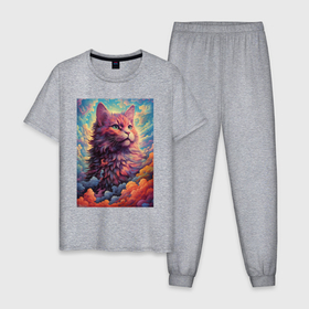 Мужская пижама хлопок с принтом Fantasy   cat в Кировске, 100% хлопок | брюки и футболка прямого кроя, без карманов, на брюках мягкая резинка на поясе и по низу штанин
 | 