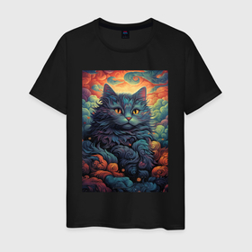 Мужская футболка хлопок с принтом Black fantasy cat в Курске, 100% хлопок | прямой крой, круглый вырез горловины, длина до линии бедер, слегка спущенное плечо. | 