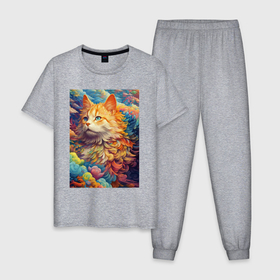 Мужская пижама хлопок с принтом Рыжий кот в облаках в Петрозаводске, 100% хлопок | брюки и футболка прямого кроя, без карманов, на брюках мягкая резинка на поясе и по низу штанин
 | 