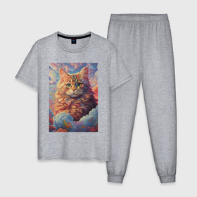 Мужская пижама хлопок с принтом Рыжий пушистый кот в облаках в Петрозаводске, 100% хлопок | брюки и футболка прямого кроя, без карманов, на брюках мягкая резинка на поясе и по низу штанин
 | 
