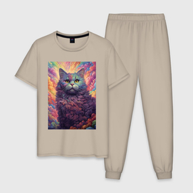Мужская пижама хлопок с принтом Пушистый кот в облаках в Петрозаводске, 100% хлопок | брюки и футболка прямого кроя, без карманов, на брюках мягкая резинка на поясе и по низу штанин
 | 