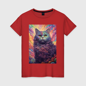 Женская футболка хлопок с принтом Пушистый кот в облаках в Курске, 100% хлопок | прямой крой, круглый вырез горловины, длина до линии бедер, слегка спущенное плечо | 