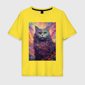 Мужская футболка хлопок Oversize с принтом Пушистый кот в облаках в Санкт-Петербурге, 100% хлопок | свободный крой, круглый ворот, “спинка” длиннее передней части | 