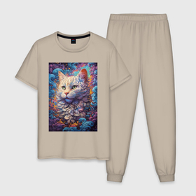 Мужская пижама хлопок с принтом Белый пушистый кот  в облаках в Курске, 100% хлопок | брюки и футболка прямого кроя, без карманов, на брюках мягкая резинка на поясе и по низу штанин
 | 