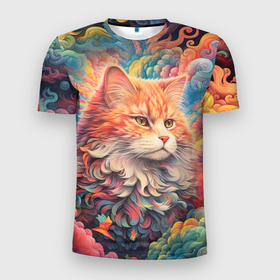 Мужская футболка 3D Slim с принтом Рыжик  котик  в облаках в Санкт-Петербурге, 100% полиэстер с улучшенными характеристиками | приталенный силуэт, круглая горловина, широкие плечи, сужается к линии бедра | Тематика изображения на принте: 