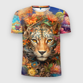 Мужская футболка 3D Slim с принтом Леопард в  тропических цветах , 100% полиэстер с улучшенными характеристиками | приталенный силуэт, круглая горловина, широкие плечи, сужается к линии бедра | 