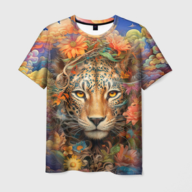 Мужская футболка 3D с принтом Леопард в  тропических цветах , 100% полиэфир | прямой крой, круглый вырез горловины, длина до линии бедер | Тематика изображения на принте: 