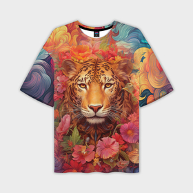Мужская футболка oversize 3D с принтом Леопард   в тропических  цветах ,  |  | Тематика изображения на принте: 