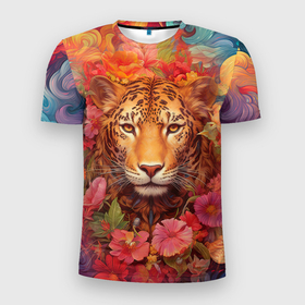 Мужская футболка 3D Slim с принтом Леопард   в тропических  цветах , 100% полиэстер с улучшенными характеристиками | приталенный силуэт, круглая горловина, широкие плечи, сужается к линии бедра | Тематика изображения на принте: 