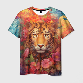 Мужская футболка 3D с принтом Леопард   в тропических  цветах , 100% полиэфир | прямой крой, круглый вырез горловины, длина до линии бедер | Тематика изображения на принте: 