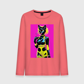 Мужской лонгслив хлопок с принтом Black cat   fashionista   pop art   neural network , 100% хлопок |  | Тематика изображения на принте: 
