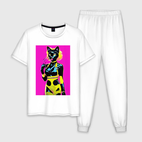 Мужская пижама хлопок с принтом Black cat   fashionista   pop art   neural network в Белгороде, 100% хлопок | брюки и футболка прямого кроя, без карманов, на брюках мягкая резинка на поясе и по низу штанин
 | 