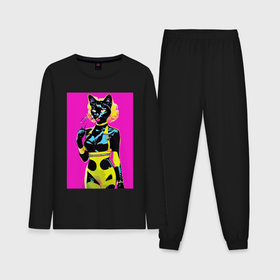 Мужская пижама с лонгсливом хлопок с принтом Black cat   fashionista   pop art   neural network в Кировске,  |  | Тематика изображения на принте: 