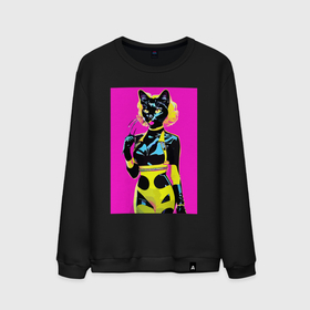 Мужской свитшот хлопок с принтом Black cat   fashionista   pop art   neural network в Кировске, 100% хлопок |  | Тематика изображения на принте: 
