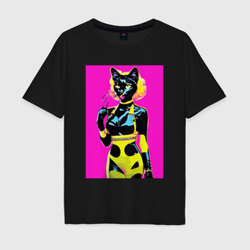 Мужская футболка хлопок Oversize с принтом Black cat   fashionista   pop art   neural network в Кировске, 100% хлопок | свободный крой, круглый ворот, “спинка” длиннее передней части | Тематика изображения на принте: 