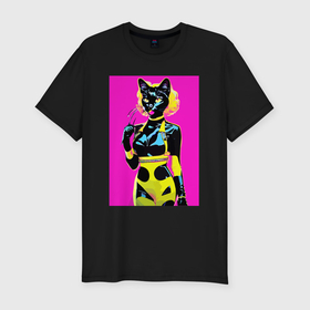 Мужская футболка хлопок Slim с принтом Black cat   fashionista   pop art   neural network в Петрозаводске, 92% хлопок, 8% лайкра | приталенный силуэт, круглый вырез ворота, длина до линии бедра, короткий рукав | Тематика изображения на принте: 