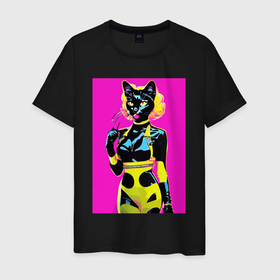 Мужская футболка хлопок с принтом Black cat   fashionista   pop art   neural network в Кировске, 100% хлопок | прямой крой, круглый вырез горловины, длина до линии бедер, слегка спущенное плечо. | 