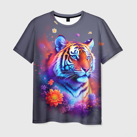 Мужская футболка 3D с принтом Тигр и краски   нейросеть , 100% полиэфир | прямой крой, круглый вырез горловины, длина до линии бедер | 