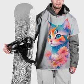 Накидка на куртку 3D с принтом Маленький котик и акварельные брызги в Белгороде, 100% полиэстер |  | Тематика изображения на принте: 
