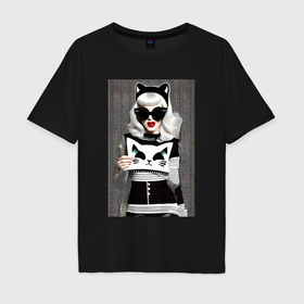 Мужская футболка хлопок Oversize с принтом Девушка кошка   поп арт   нейросеть в Екатеринбурге, 100% хлопок | свободный крой, круглый ворот, “спинка” длиннее передней части | 