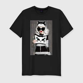 Мужская футболка хлопок Slim с принтом Девушка кошка   поп арт   нейросеть в Екатеринбурге, 92% хлопок, 8% лайкра | приталенный силуэт, круглый вырез ворота, длина до линии бедра, короткий рукав | Тематика изображения на принте: 