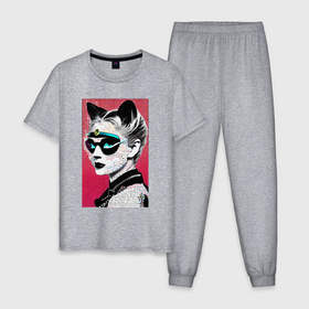 Мужская пижама хлопок с принтом Cat girl in a mask   neural network   pop art в Курске, 100% хлопок | брюки и футболка прямого кроя, без карманов, на брюках мягкая резинка на поясе и по низу штанин
 | 