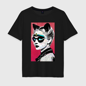 Мужская футболка хлопок Oversize с принтом Cat girl in a mask   neural network   pop art в Курске, 100% хлопок | свободный крой, круглый ворот, “спинка” длиннее передней части | 