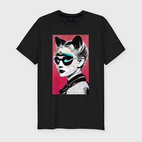 Мужская футболка хлопок Slim с принтом Cat girl in a mask   neural network   pop art , 92% хлопок, 8% лайкра | приталенный силуэт, круглый вырез ворота, длина до линии бедра, короткий рукав | Тематика изображения на принте: 