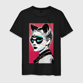 Мужская футболка хлопок с принтом Cat girl in a mask   neural network   pop art в Белгороде, 100% хлопок | прямой крой, круглый вырез горловины, длина до линии бедер, слегка спущенное плечо. | Тематика изображения на принте: 