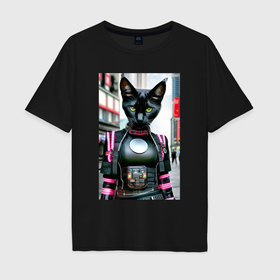 Мужская футболка хлопок Oversize с принтом Крутая чёрная кошечка   нейросеть   киберпанк в городе Новоалтайск, 100% хлопок | свободный крой, круглый ворот, “спинка” длиннее передней части | 