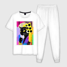 Мужская пижама хлопок с принтом Black cat cheese   pop art   poster в Кировске, 100% хлопок | брюки и футболка прямого кроя, без карманов, на брюках мягкая резинка на поясе и по низу штанин
 | Тематика изображения на принте: 