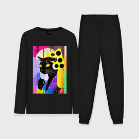 Мужская пижама с лонгсливом хлопок с принтом Black cat cheese   pop art   poster в Кировске,  |  | 