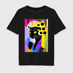 Мужская футболка хлопок Oversize с принтом Black cat cheese   pop art   poster в Екатеринбурге, 100% хлопок | свободный крой, круглый ворот, “спинка” длиннее передней части | 
