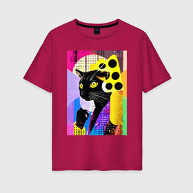 Женская футболка хлопок Oversize с принтом Black cat cheese   pop art   poster в Кировске, 100% хлопок | свободный крой, круглый ворот, спущенный рукав, длина до линии бедер
 | Тематика изображения на принте: 