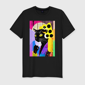 Мужская футболка хлопок Slim с принтом Black cat cheese   pop art   poster в Кировске, 92% хлопок, 8% лайкра | приталенный силуэт, круглый вырез ворота, длина до линии бедра, короткий рукав | 