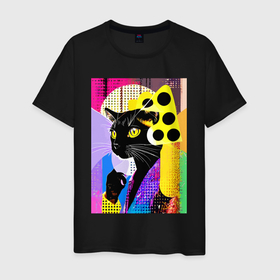 Мужская футболка хлопок с принтом Black cat cheese   pop art   poster в Петрозаводске, 100% хлопок | прямой крой, круглый вырез горловины, длина до линии бедер, слегка спущенное плечо. | Тематика изображения на принте: 
