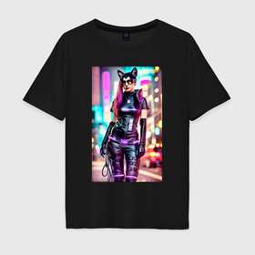 Мужская футболка хлопок Oversize с принтом Cyberpunk   cat girl   neural network в Курске, 100% хлопок | свободный крой, круглый ворот, “спинка” длиннее передней части | 
