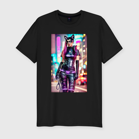 Мужская футболка хлопок Slim с принтом Cyberpunk   cat girl   neural network в Курске, 92% хлопок, 8% лайкра | приталенный силуэт, круглый вырез ворота, длина до линии бедра, короткий рукав | 