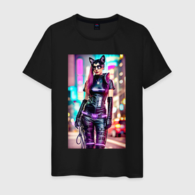 Мужская футболка хлопок с принтом Cyberpunk   cat girl   neural network , 100% хлопок | прямой крой, круглый вырез горловины, длина до линии бедер, слегка спущенное плечо. | Тематика изображения на принте: 