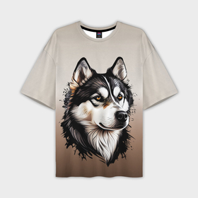 Мужская футболка oversize 3D с принтом Черно белая собака хаски   градиент ,  |  | 