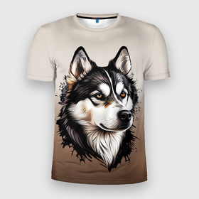 Мужская футболка 3D Slim с принтом Черно белая собака хаски   градиент в Белгороде, 100% полиэстер с улучшенными характеристиками | приталенный силуэт, круглая горловина, широкие плечи, сужается к линии бедра | 