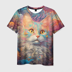 Мужская футболка 3D с принтом Фэнтази котик в облаках в Курске, 100% полиэфир | прямой крой, круглый вырез горловины, длина до линии бедер | 