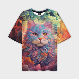 Мужская футболка oversize 3D с принтом Цветной кот в облаках в Петрозаводске,  |  | Тематика изображения на принте: 