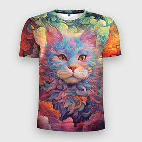 Мужская футболка 3D Slim с принтом Цветной кот в облаках в Петрозаводске, 100% полиэстер с улучшенными характеристиками | приталенный силуэт, круглая горловина, широкие плечи, сужается к линии бедра | 