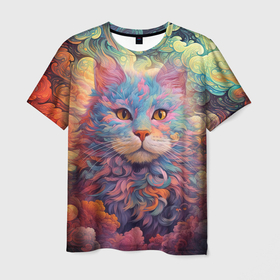 Мужская футболка 3D с принтом Цветной кот в облаках в Белгороде, 100% полиэфир | прямой крой, круглый вырез горловины, длина до линии бедер | 